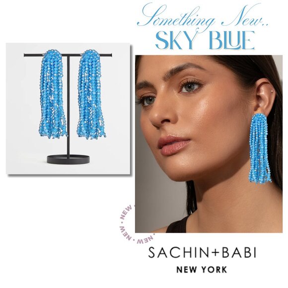 NEW Sparkling Glass Beaded Sky Blue Cascade Tassel Earrings Anthropologie - Picture 1 of 5